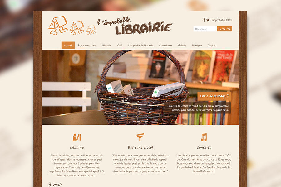 Capture d'écran de la page d'accueil du site de l'Improbable librairie