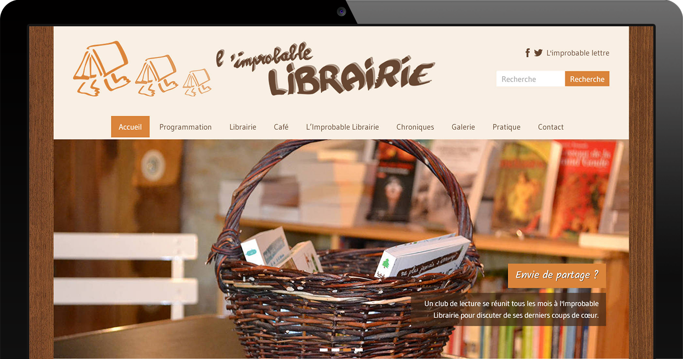 Capture d'écran de la page d'accueil du site de l'Improbable librairie
