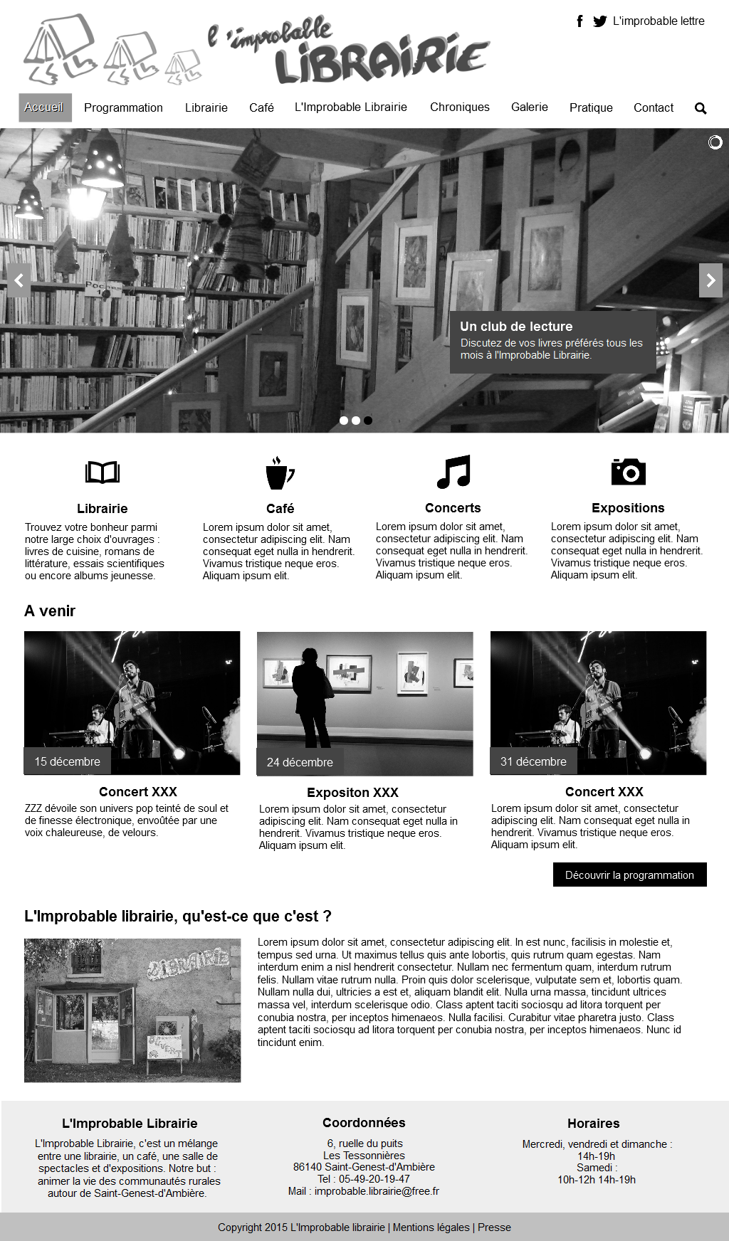 Wireframe de la page d'accueil du site de l'Improbable librairie